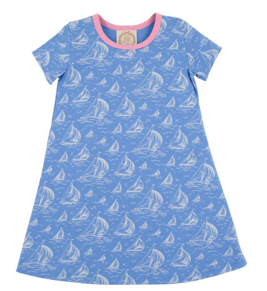 Short Sleeve Polly Play Dress St Simons Sailboat with Hot Hamptons Pink