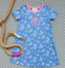 Load image into Gallery viewer, Short Sleeve Polly Play Dress St Simons Sailboat with Hot Hamptons Pink