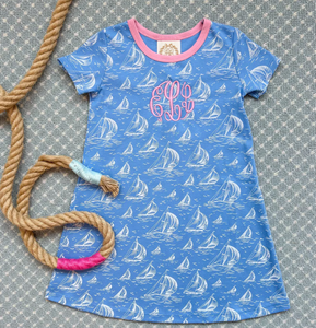 Short Sleeve Polly Play Dress St Simons Sailboat with Hot Hamptons Pink