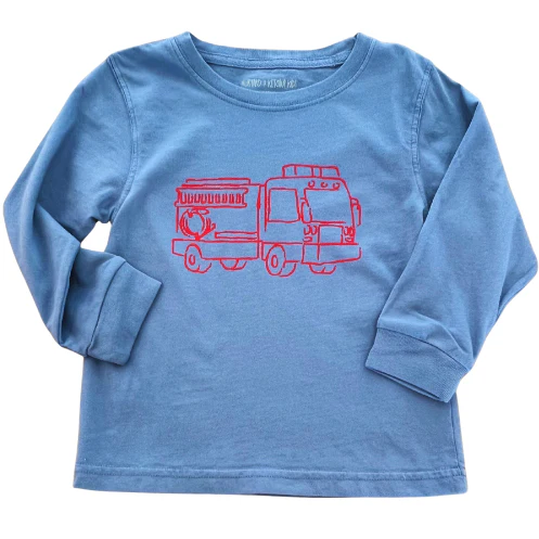 Long Sleeve Denim Blue Firetruck T-Shirt