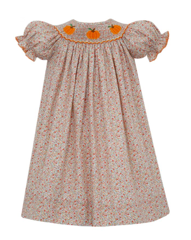 PUMPKIN - Orange Liberty Floral Smocked Pumpkins Bishop Dress
