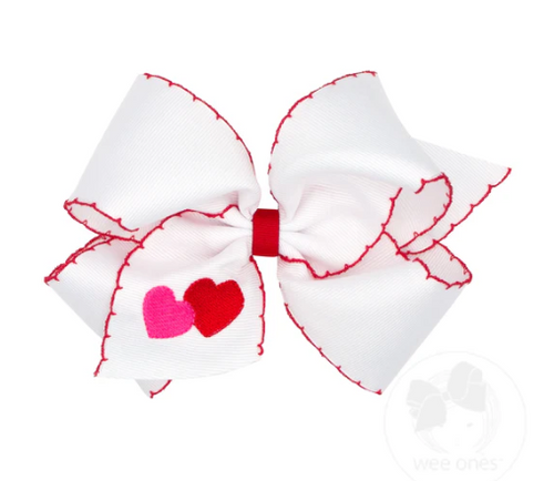 White Grosgrain Double Heart Embroidered Bow