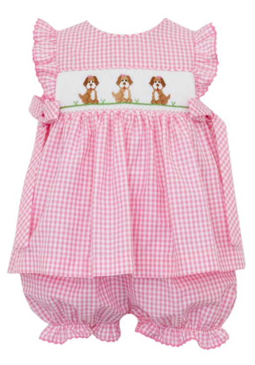 Pink Gingham Puppies Bishop Bloomer Set with Side Bows