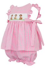 Load image into Gallery viewer, Pink Gingham Puppies Bishop Bloomer Set with Side Bows