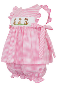 Pink Gingham Puppies Bishop Bloomer Set with Side Bows