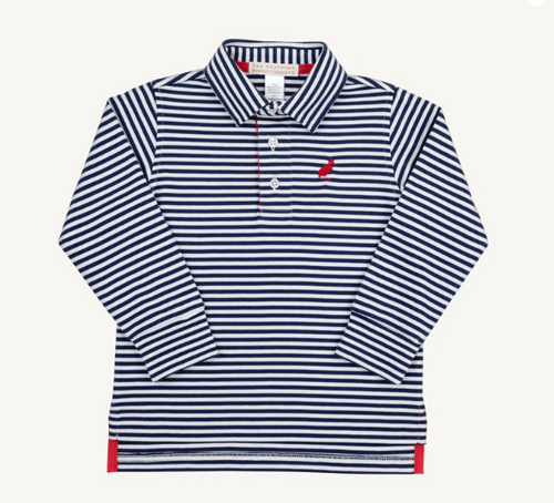 Prim and Proper Polo L/S- Nantucket Navy Stripe/ Richmond Red