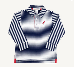 Prim and Proper Polo L/S- Nantucket Navy Stripe/ Richmond Red