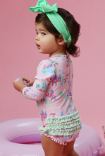 Load image into Gallery viewer, Atlantis Mermaids Long Sleeve One Piece Rash Guard Swimsuit, with Signature Rear Ruffles