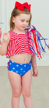 Load image into Gallery viewer, Shimmer Stars &amp; Stripes Flounce Bikini Swimsuit with Signature Rear Ruffles