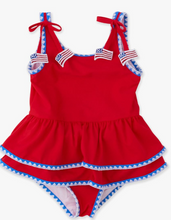 Load image into Gallery viewer, Vintage Red Crochet Detail Peplum One Piece Swimsuit