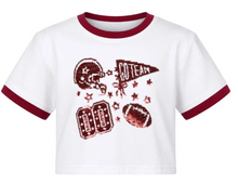 Load image into Gallery viewer, Sequin Football Elements Boxy T Maroon