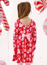 Load image into Gallery viewer, Girls Red Holly Christmas Ornament Bows Knit Long Sleeve Twirl Dress