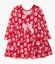 Load image into Gallery viewer, Girls Red Holly Christmas Ornament Bows Knit Long Sleeve Twirl Dress