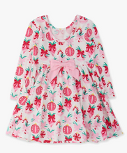 Load image into Gallery viewer, Girls Holly Christmas Ornament Bows Knit Long Sleeve Twirl Dress