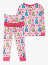 Load image into Gallery viewer, SoftSnooze™ Toddler Girls Bamboo Viscose Merry &amp; Bright Christmas Bows Ruffle Long Sleeve Pajama Set with Signature Rear Ruffles