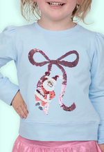 Load image into Gallery viewer, Sequin Santa Bow Light Blue Long Sleeve