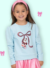 Load image into Gallery viewer, Sequin Santa Bow Light Blue Long Sleeve