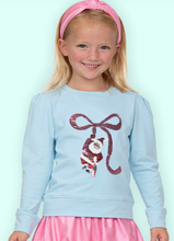 Load image into Gallery viewer, Sequin Santa Bow Light Blue Long Sleeve