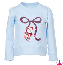 Load image into Gallery viewer, Sequin Santa Bow Light Blue Long Sleeve