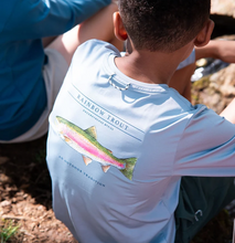 Load image into Gallery viewer, Boys' Pro Performance Long Sleeve T-shirt in Arona Blue with Rainbow Trout Art