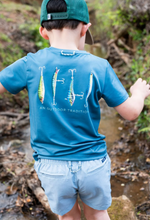 Load image into Gallery viewer, Boys' Pro Performance Short Sleeve T-shirt in Tapestry Blue with Fishing Lures