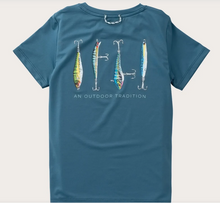 Load image into Gallery viewer, Boys' Pro Performance Short Sleeve T-shirt in Tapestry Blue with Fishing Lures