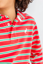 Load image into Gallery viewer, Prim and Proper Polo LS- Richmond Red Kiawah Kelly Green and Palmetto Pearl Stripe