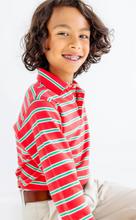 Load image into Gallery viewer, Prim and Proper Polo LS- Richmond Red Kiawah Kelly Green and Palmetto Pearl Stripe
