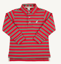 Load image into Gallery viewer, Prim and Proper Polo LS- Richmond Red Kiawah Kelly Green and Palmetto Pearl Stripe
