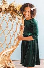 Load image into Gallery viewer, Hunter Green Velvet Twirl Dress