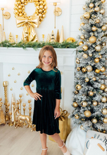 Load image into Gallery viewer, Hunter Green Velvet Twirl Dress