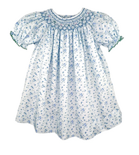 Load image into Gallery viewer, Blue Floral Print Bishop Smocked Dress