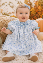 Load image into Gallery viewer, Blue Floral Print Bishop Smocked Dress