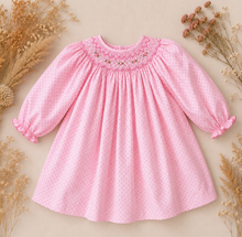 Load image into Gallery viewer, Pink Dot Dress with Bishop Smocking