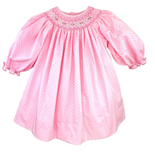 Load image into Gallery viewer, Pink Dot Dress with Bishop Smocking