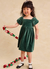 Load image into Gallery viewer, Puff Shoulder Velour Dress- Pineneedle Green