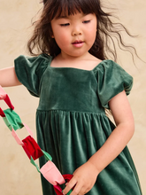 Load image into Gallery viewer, Puff Shoulder Velour Dress- Pineneedle Green