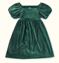 Load image into Gallery viewer, Puff Shoulder Velour Dress- Pineneedle Green