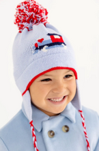 Load image into Gallery viewer, Parrish Pom Pom Hat- Beale Street Blue with Train