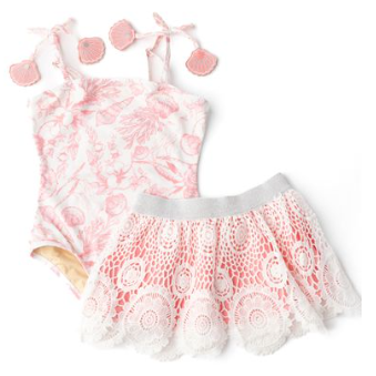 Coral Seaside Toile One Piece Swimsuit & Skirt