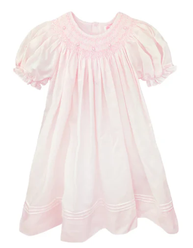 Pink Smocked Gown with Pearls & Rosebuds