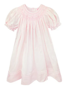 Pink Smocked Gown with Pearls & Rosebuds