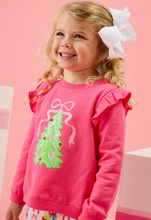 Load image into Gallery viewer, Girls Christmas Tree Hot Pink Bow Applique Flutter Sweatshirt