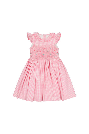 Tulip Pink Gingham Frilled Cap Sleeve Smocked Dress