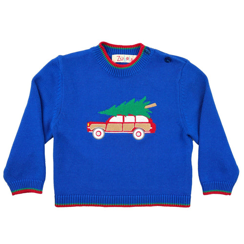 Christmas Car Blue Knit Sweater