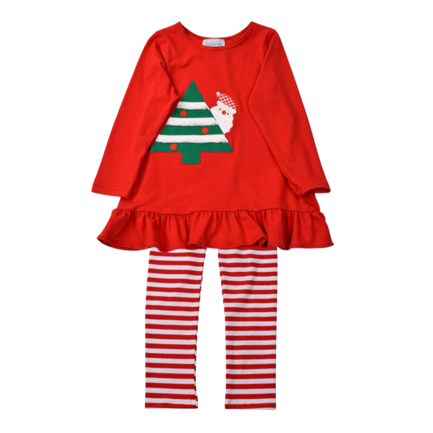 Red Santa & Tree Baby Doll Top & Red Stripe Leggings Set