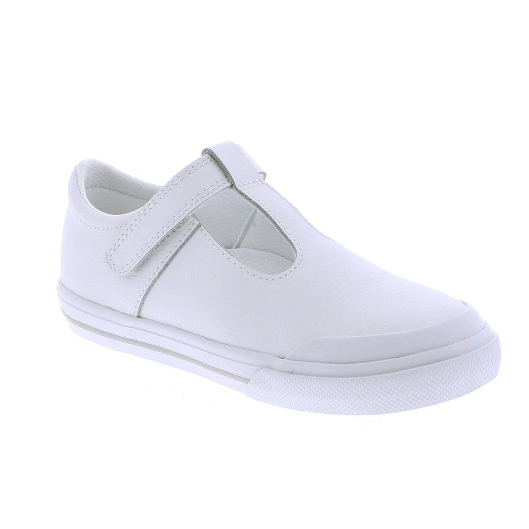 Footmates White Leather & Grey Trim Drew T Strap Mary Jane