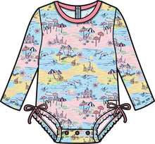 Load image into Gallery viewer, Baby Girls Beach Day Long Sleeve One Piece Rash Guard Swimsuit with Signature Rear Ruffles