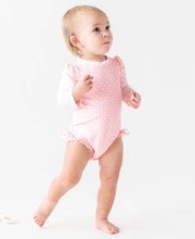 Load image into Gallery viewer, Baby Girls Pink Polka Dot Long Sleeve One Piece Rash Guard Swimsuit with Signature Rear Ruffles