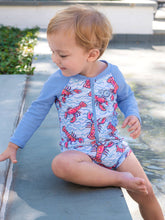 Load image into Gallery viewer, Baby Boys Blue Lobster Lagoon Long Sleeve One Piece Rash Guard Swimsuit